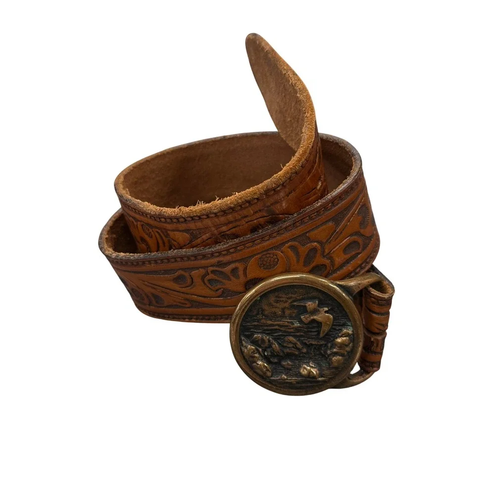 Harness Cowhide Belt Mens 32 Brown Good Floral Tooled Coastal Buckle